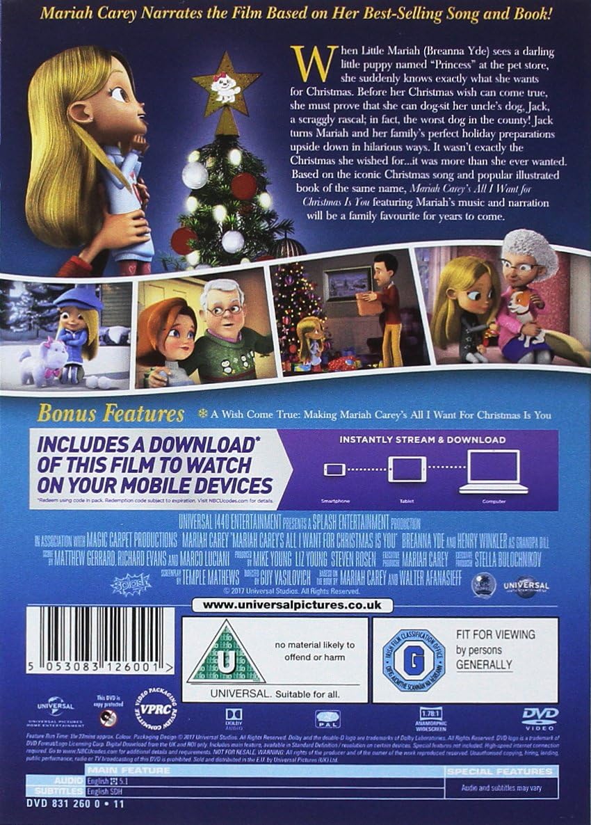 Mariah Carey All I Want for Christmas Is You DVD Animated Family Film Card Sleeve